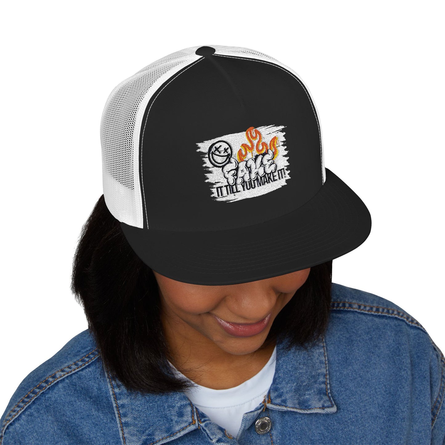 Embroidered 5 Panel Trucker Cap - Fake it til you make it