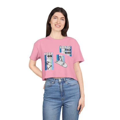 Skateboarding Women's Crop Tee - Keep On Skatin' &amp; Fall Ride Graphic T-Shirt