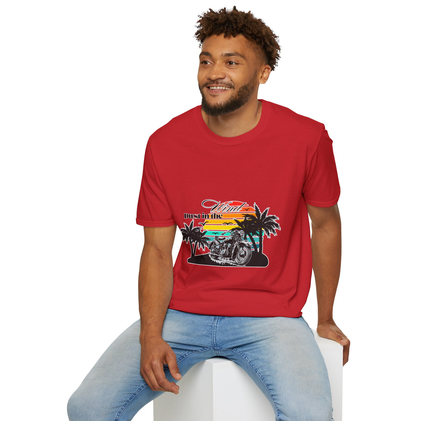Dust in the Wind Unisex Jersey Tee – Retro Motorcycle & Palm Trees Design