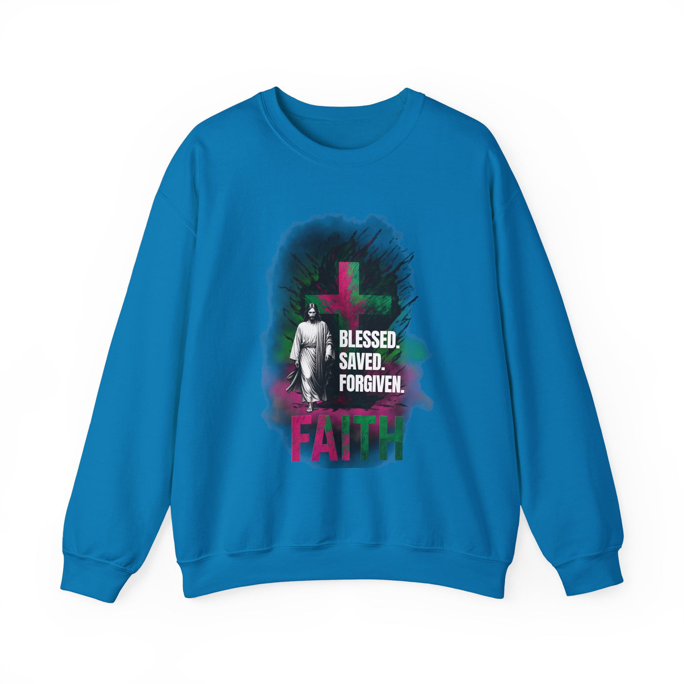 Jesus mit Faith und Spruch Blessed -Saved -Forgiven Sweatshirt