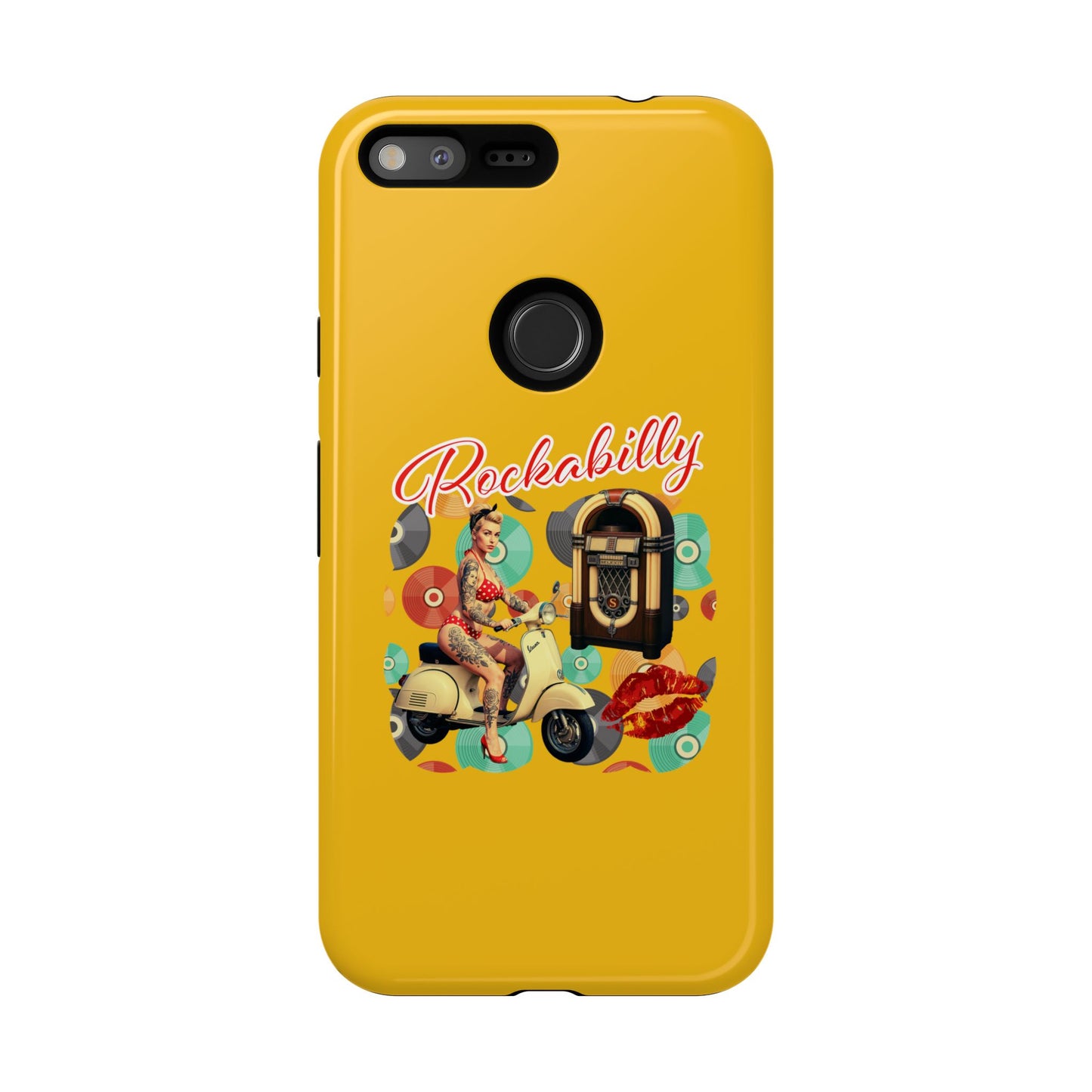 Rockabilly Phone Case, Vintage Scooter Design, Retro Style Cover, Fun Gift for Music Lovers, Yellow Tough Cases