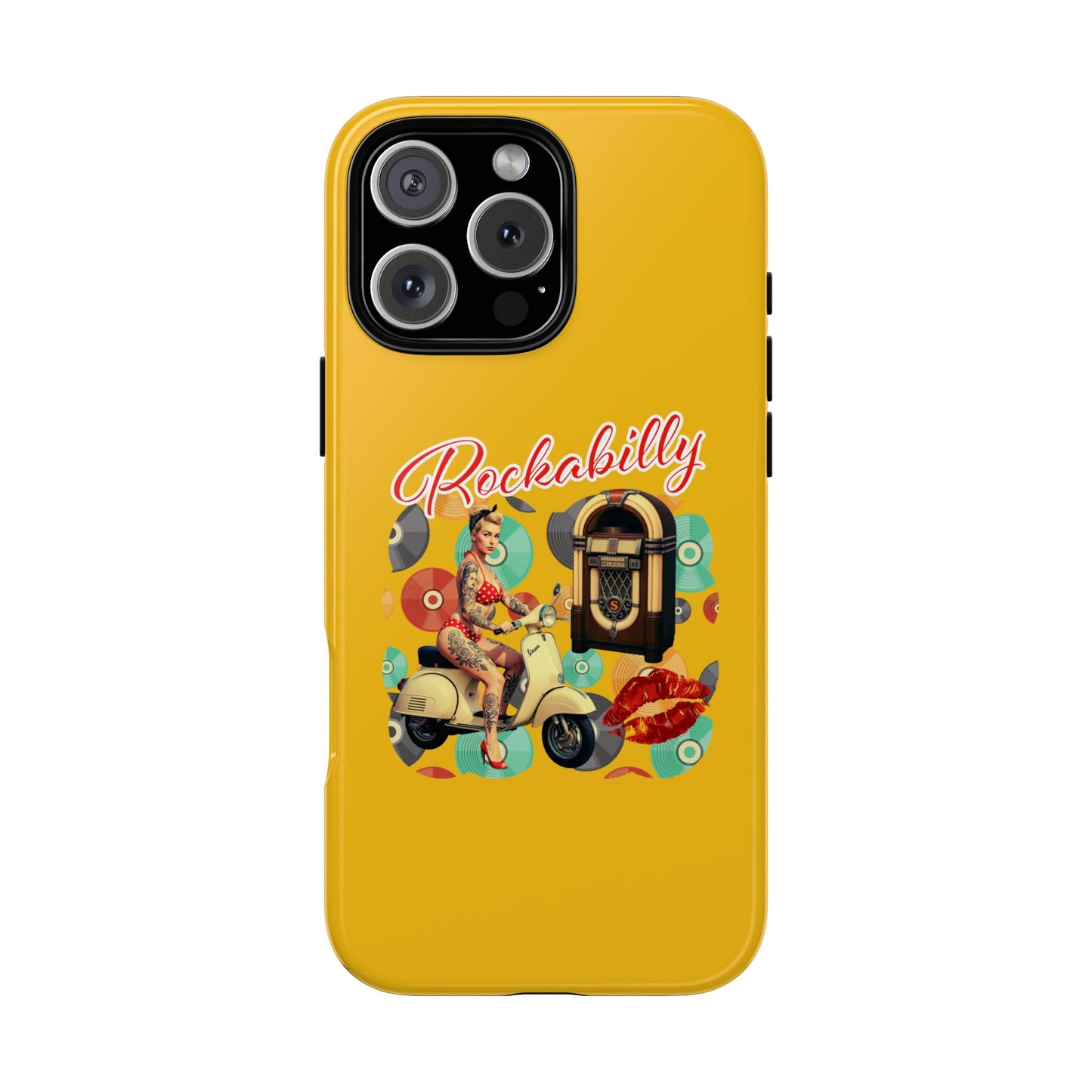 Rockabilly Phone Case, Vintage Scooter Design, Retro Style Cover, Fun Gift for Music Lovers, Yellow Tough Cases
