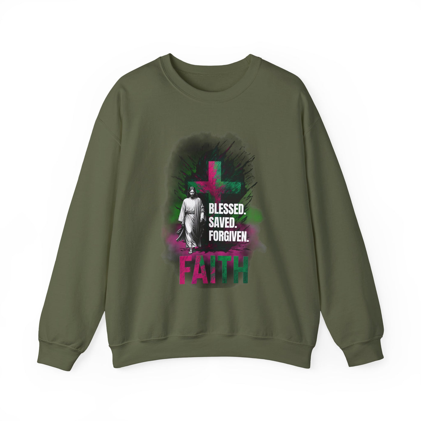 Jesus mit Faith und Spruch Blessed -Saved -Forgiven Sweatshirt