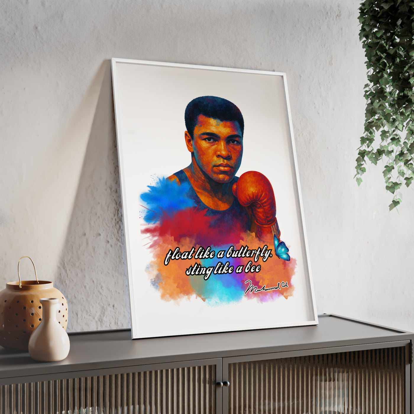 Inspirational Muhammad Ali Poster with Wooden Frame - Float Like a Butterfly, Sting Like a Bee