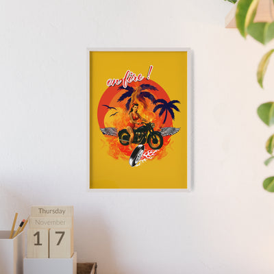 Vibrant Motorcycle Poster with Wooden Frame | Retro Wall Art for Bikers