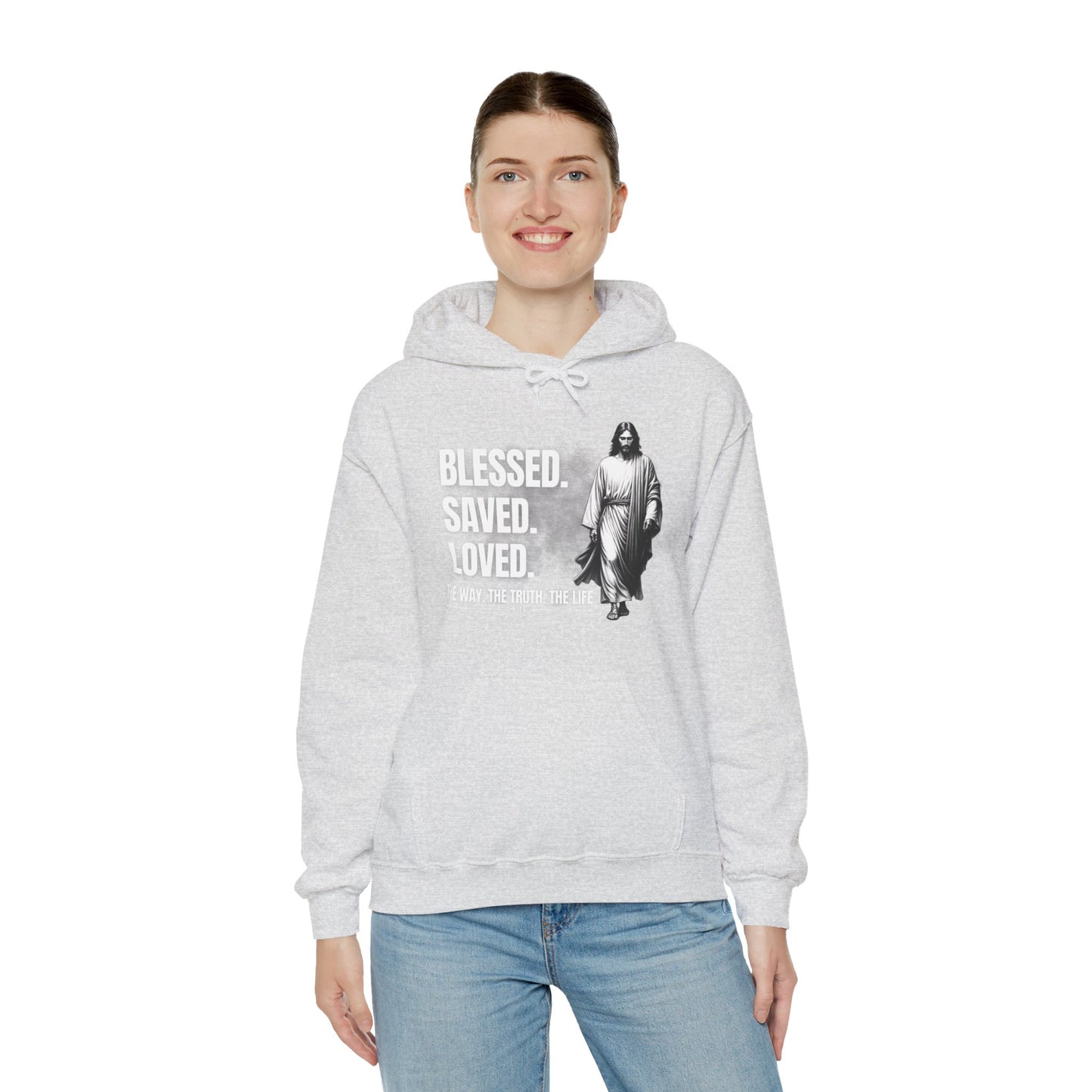 Blessed, Saved, Loved Hoodie - Unisex Heavy Blend Sweatshirt for Comfort and Faith Jesus