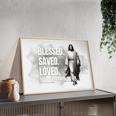 Inspirational Jesus Wall Art - Blessed, Saved, Loved - Framed Poster