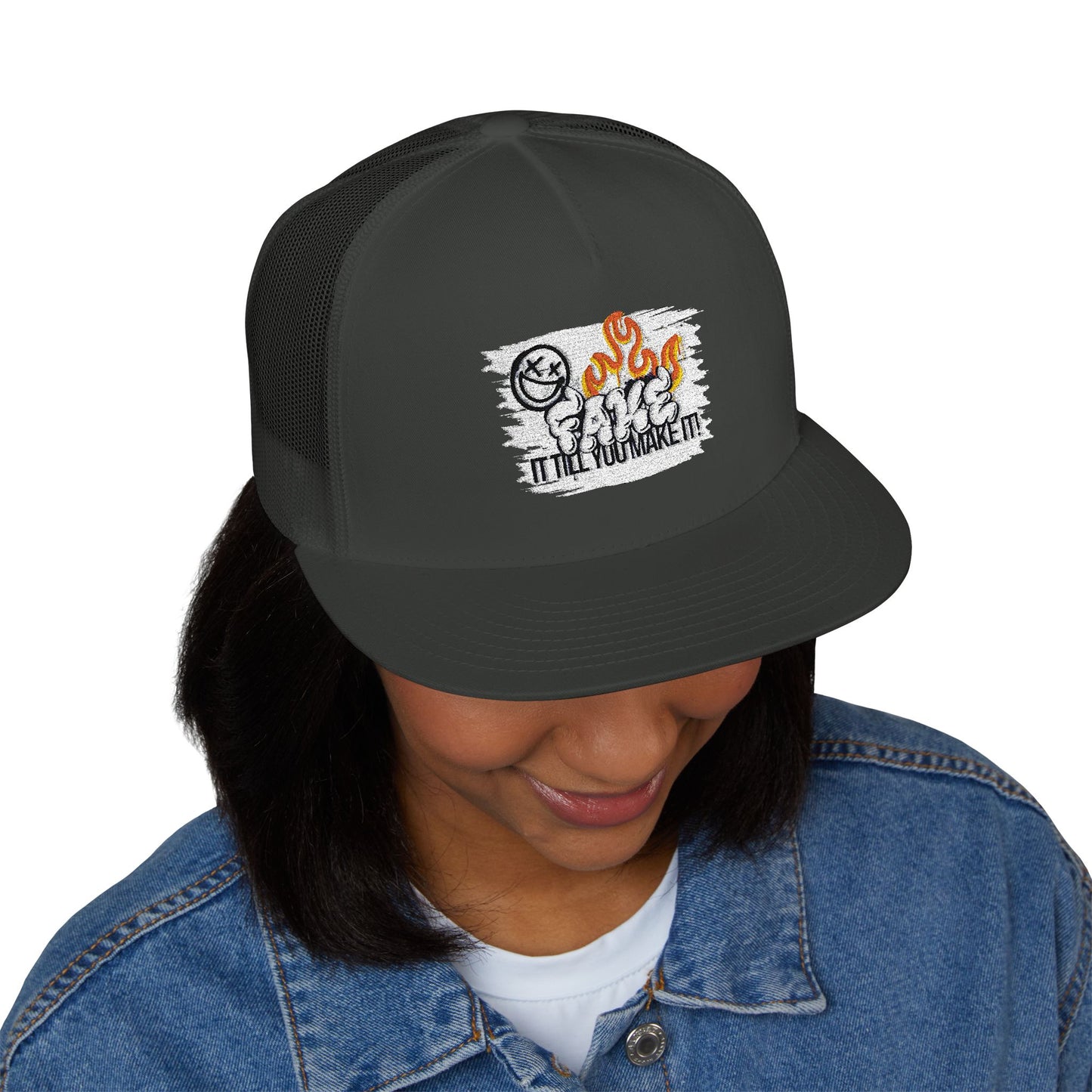 Embroidered 5 Panel Trucker Cap - Fake it til you make it