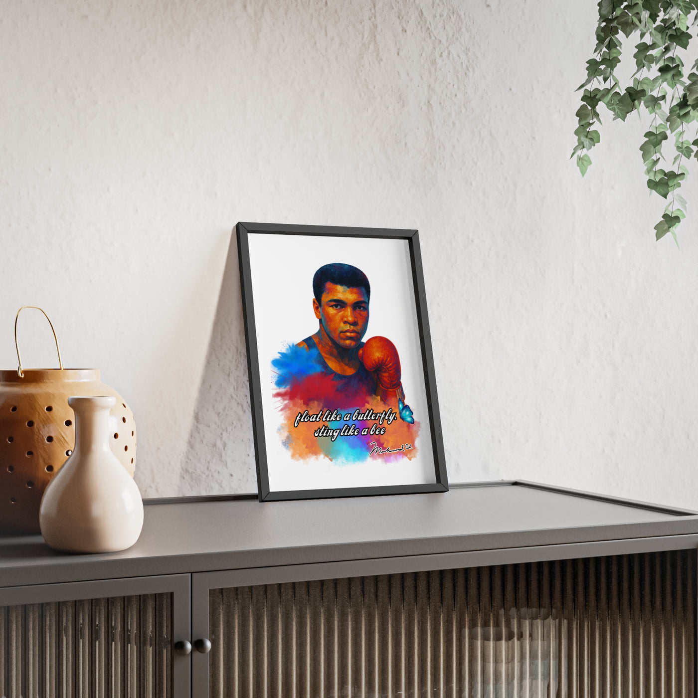Inspirational Muhammad Ali Poster with Wooden Frame - Float Like a Butterfly, Sting Like a Bee