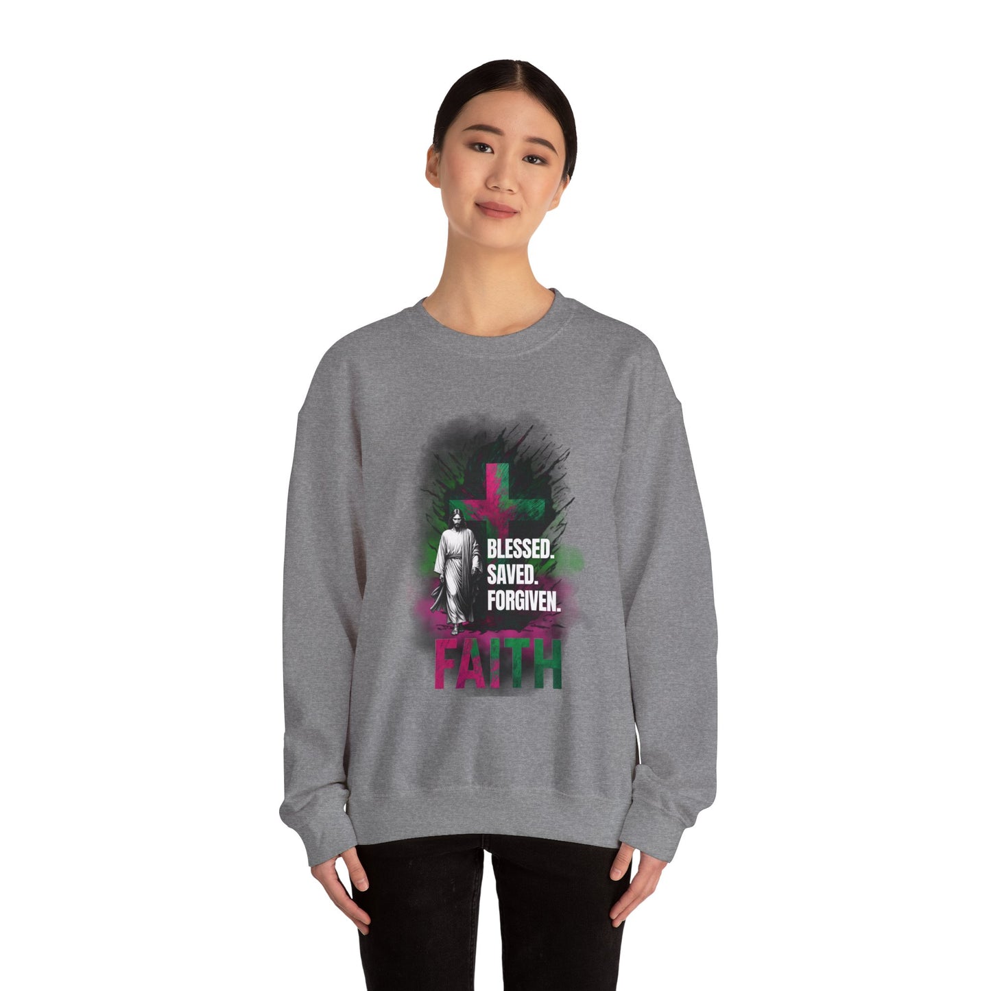 Jesus mit Faith und Spruch Blessed -Saved -Forgiven Sweatshirt