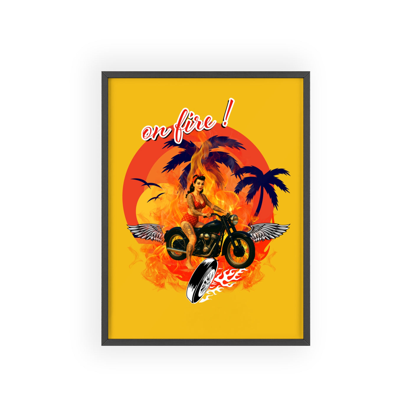 Vibrant Motorcycle Poster with Wooden Frame | Retro Wall Art for Bikers