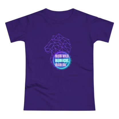 Women's Inspirational Lion T-Shirt - 'Bleib-Wild, Bleib-Echt, Bleib-Du' Design