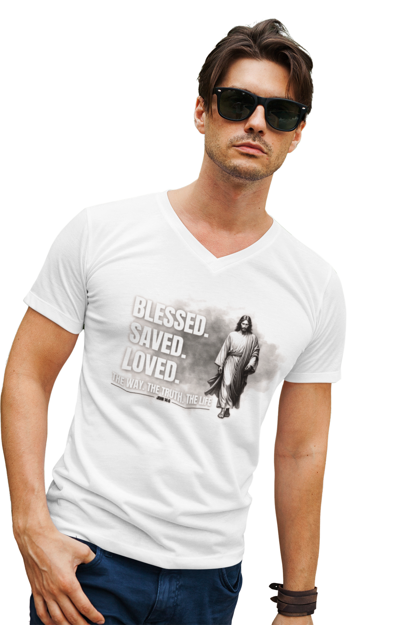 Blessed Saved Loved Unisex V-Neck Tee - Inspirational Faith Shirt