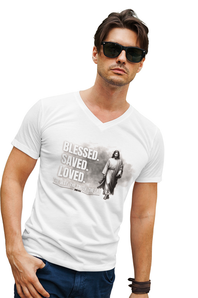 Blessed Saved Loved Unisex V-Neck Tee - Inspirational Faith Shirt