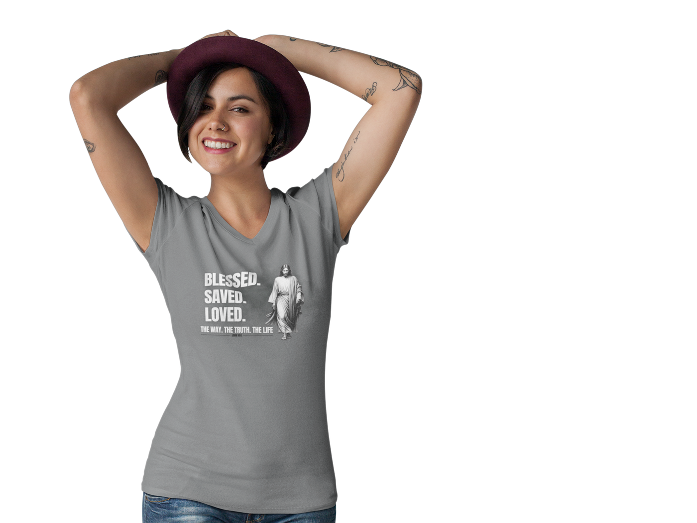 Blessed Saved Loved Unisex V-Neck Tee - Inspirational Faith Shirt