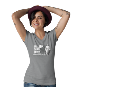 Blessed Saved Loved Unisex V-Neck Tee - Inspirational Faith Shirt