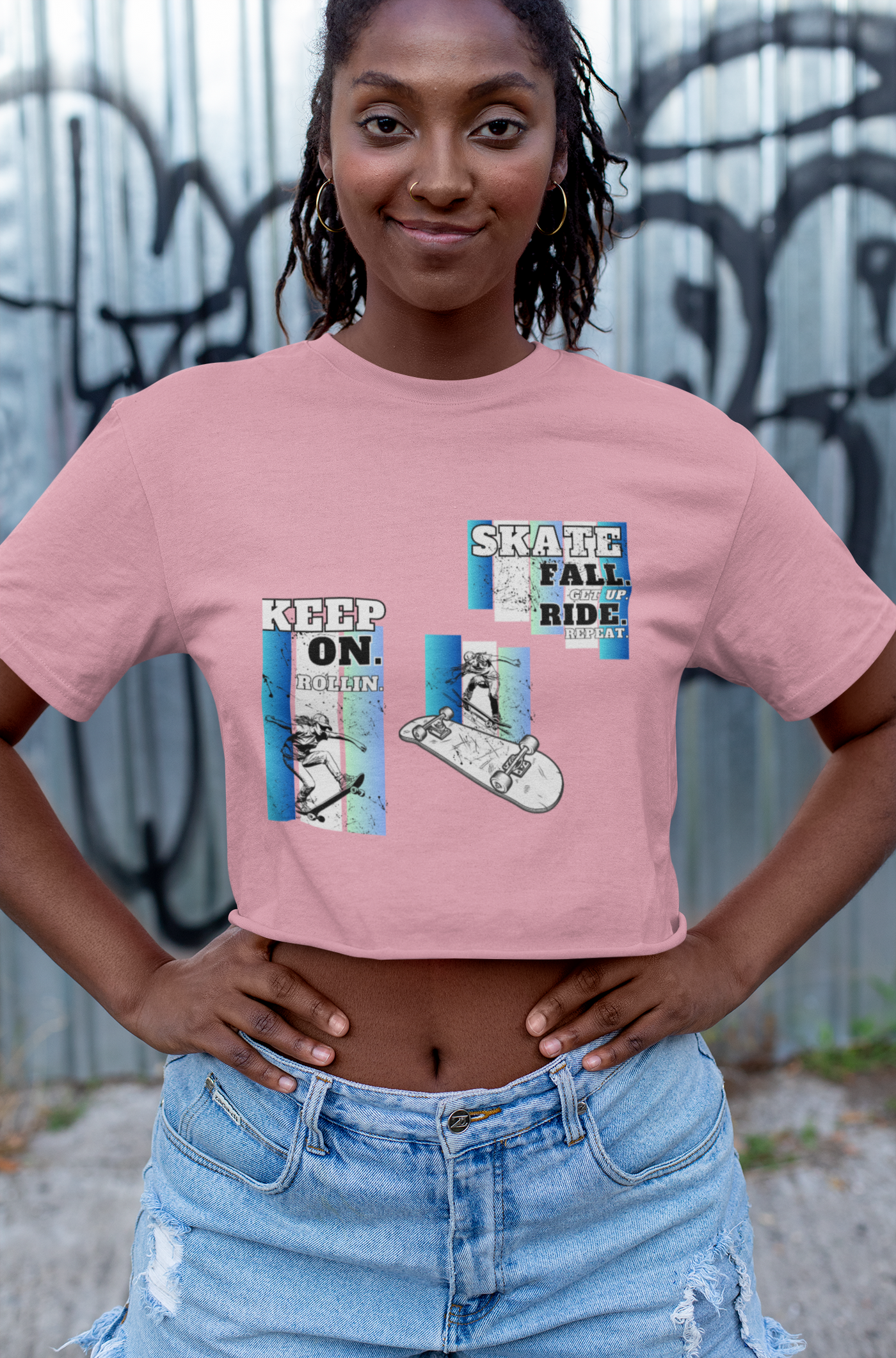 Skateboarding Women's Crop Tee - Keep On Skatin' & Fall Ride Graphic T-Shirt