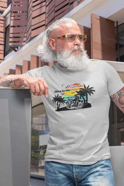 Dust in the Wind Unisex Jersey Tee – Retro Motorcycle & Palm Trees Design