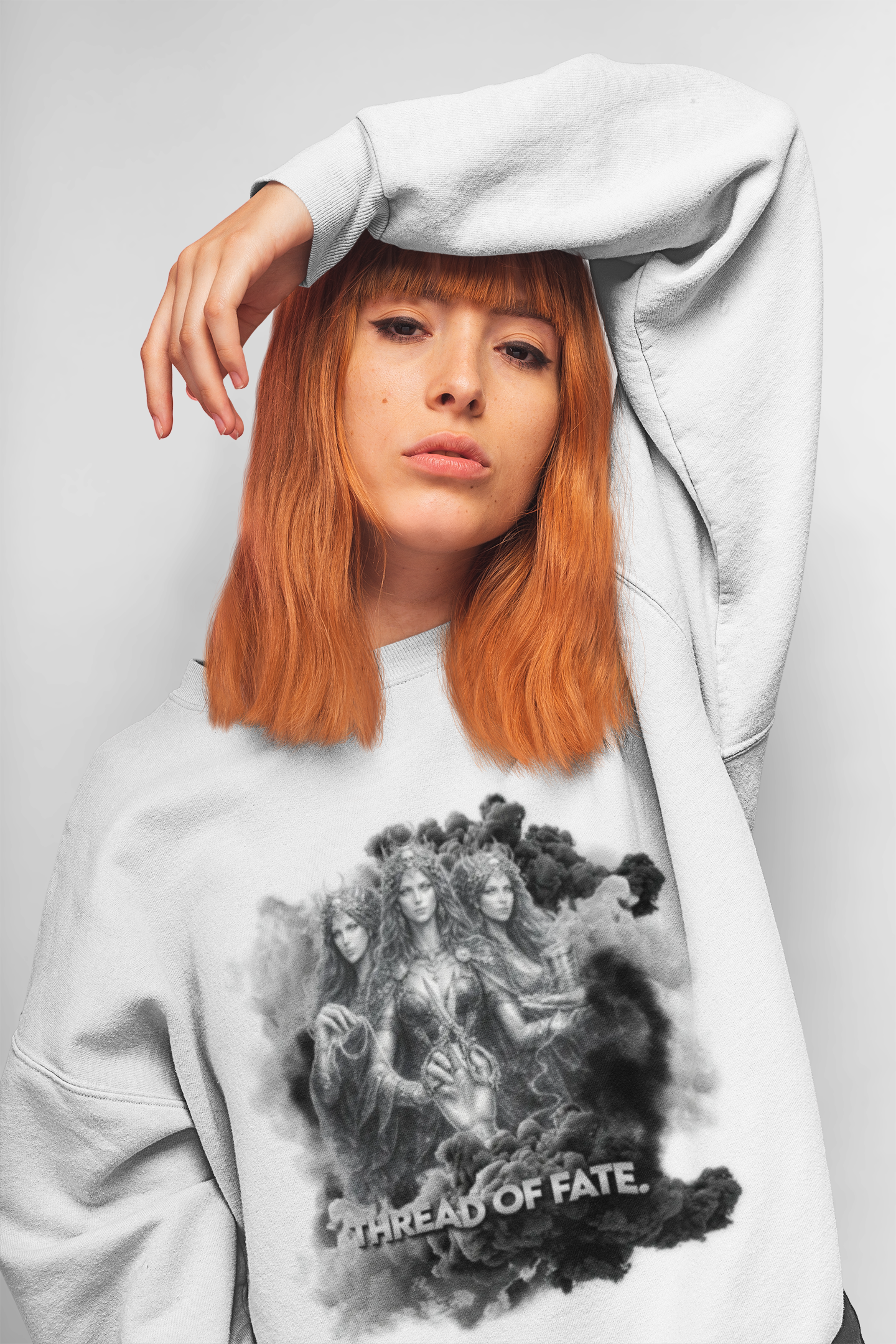 Thread of Fate Crewneck Sweatshirt — Mythic Triple Goddess Illustration