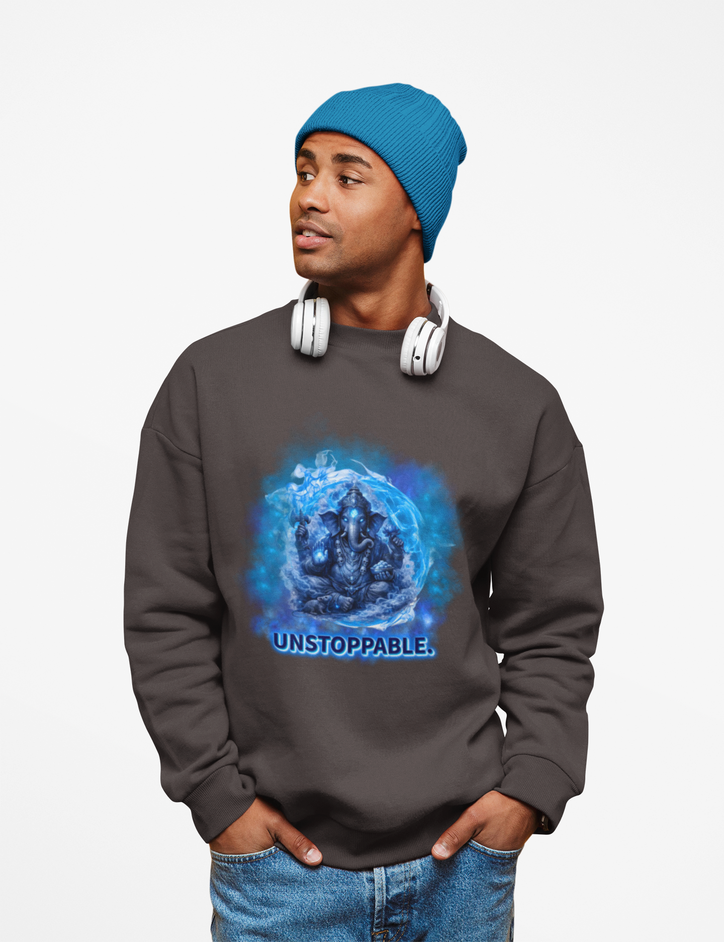 Ganesha Unstoppable Sweatshirt — Fantasy Blue Flame Graphic