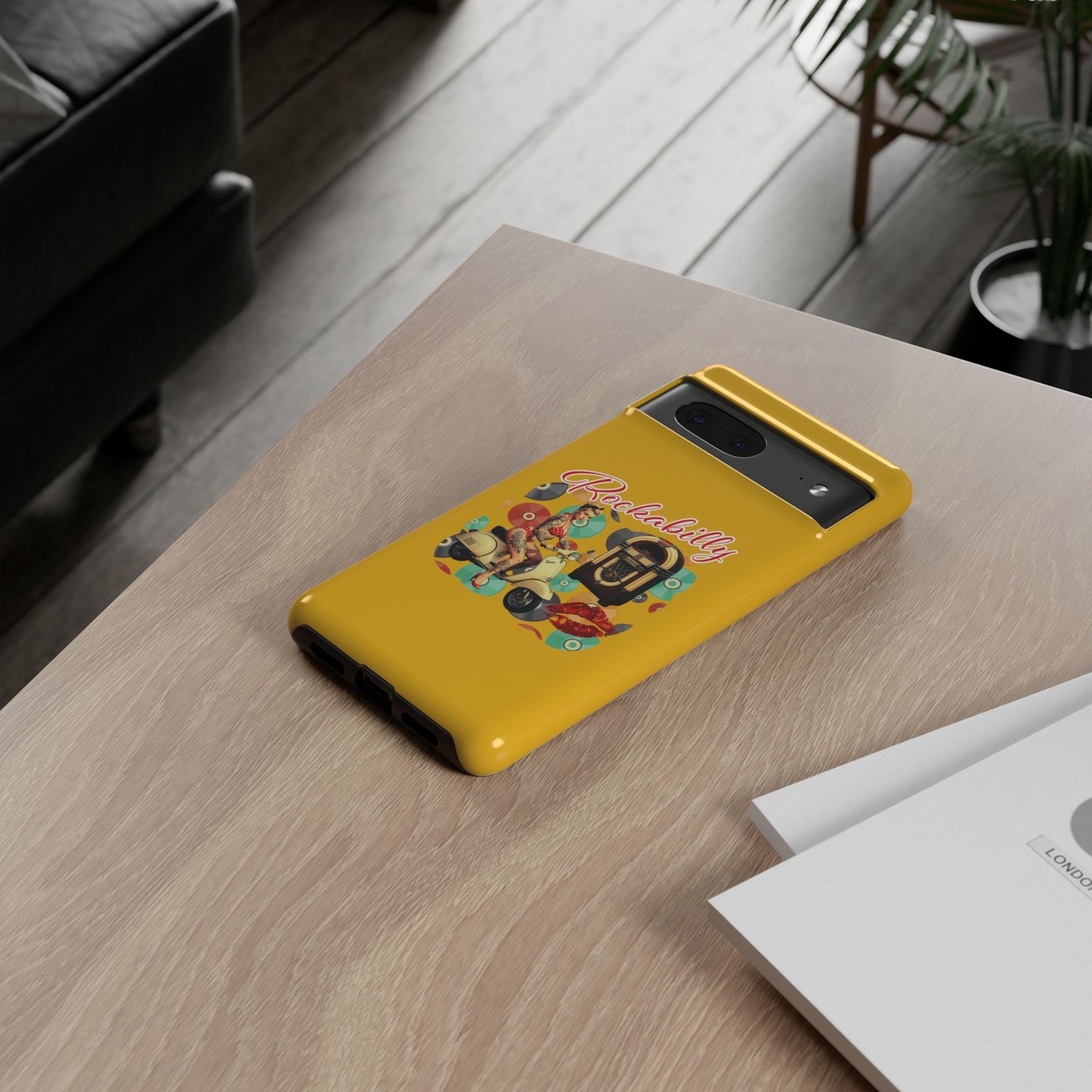 Rockabilly Phone Case, Vintage Scooter Design, Retro Style Cover, Fun Gift for Music Lovers, Yellow Tough Cases