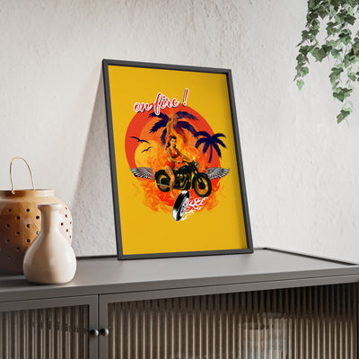 Vibrant Motorcycle Poster with Wooden Frame | Retro Wall Art for Bikers