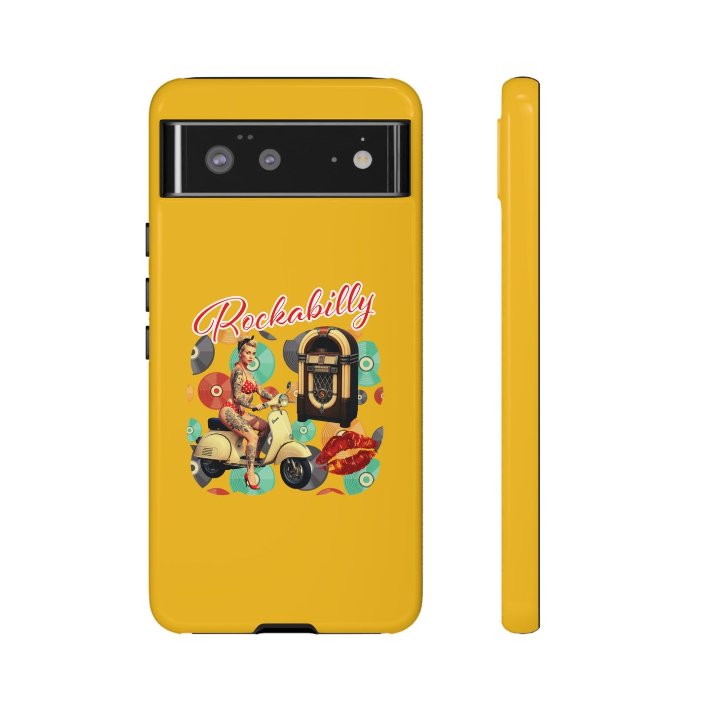 Rockabilly Phone Case, Vintage Scooter Design, Retro Style Cover, Fun Gift for Music Lovers, Yellow Tough Cases