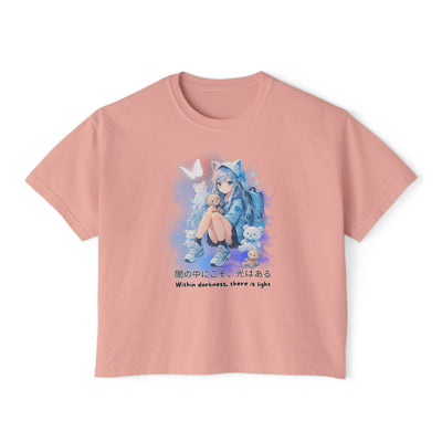 Women's Boxy Tee - "Within Darkness, There is Light" Cozy Cartoon Tee Anime