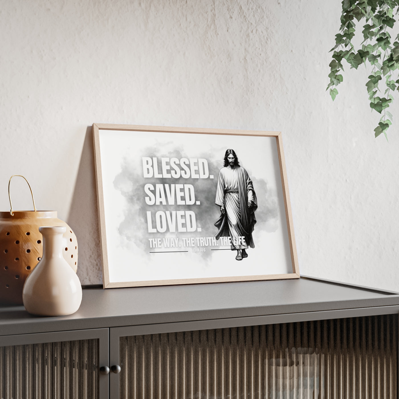 Inspirational Jesus Wall Art - Blessed, Saved, Loved - Framed Poster