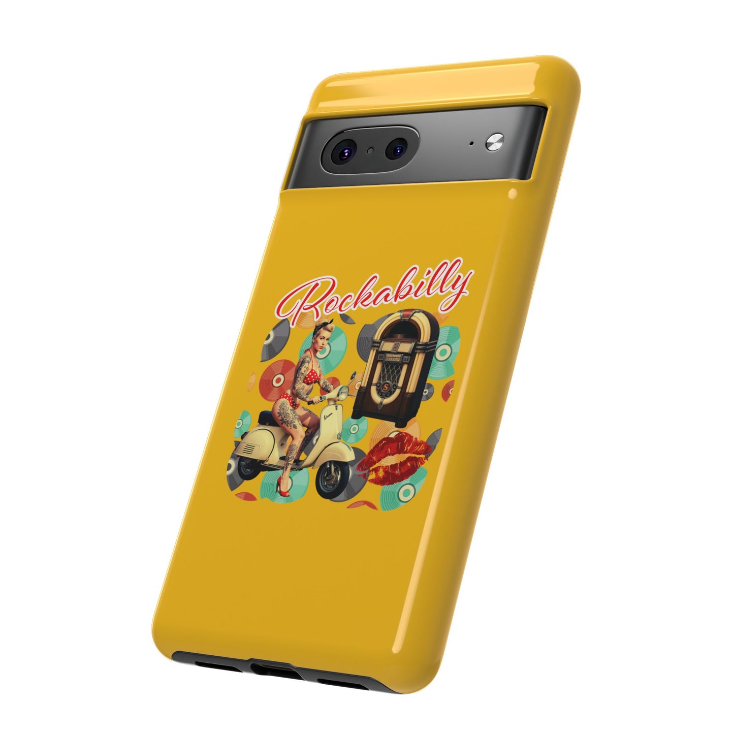 Rockabilly Phone Case, Vintage Scooter Design, Retro Style Cover, Fun Gift for Music Lovers, Yellow Tough Cases