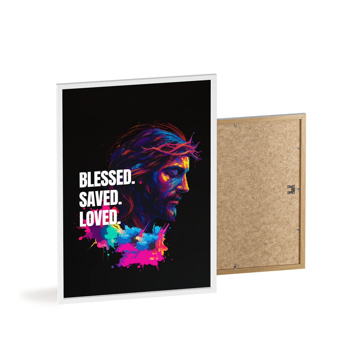 Inspirational Jesus Wall Art - 'Blessed, Saved, Loved' Poster with Wooden Frame 