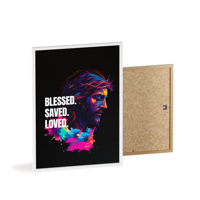 Inspirational Jesus Wall Art - 'Blessed, Saved, Loved' Poster with Wooden Frame 