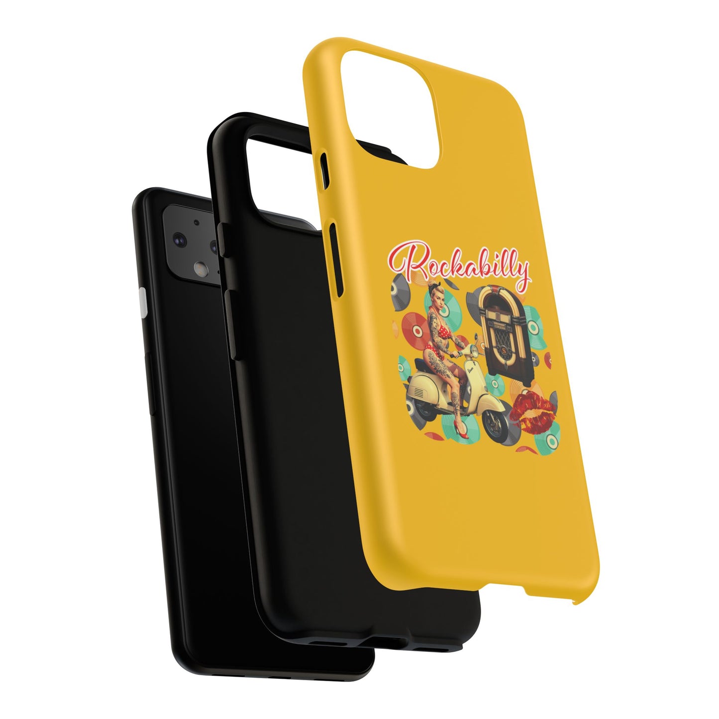 Rockabilly Phone Case, Vintage Scooter Design, Retro Style Cover, Fun Gift for Music Lovers, Yellow Tough Cases