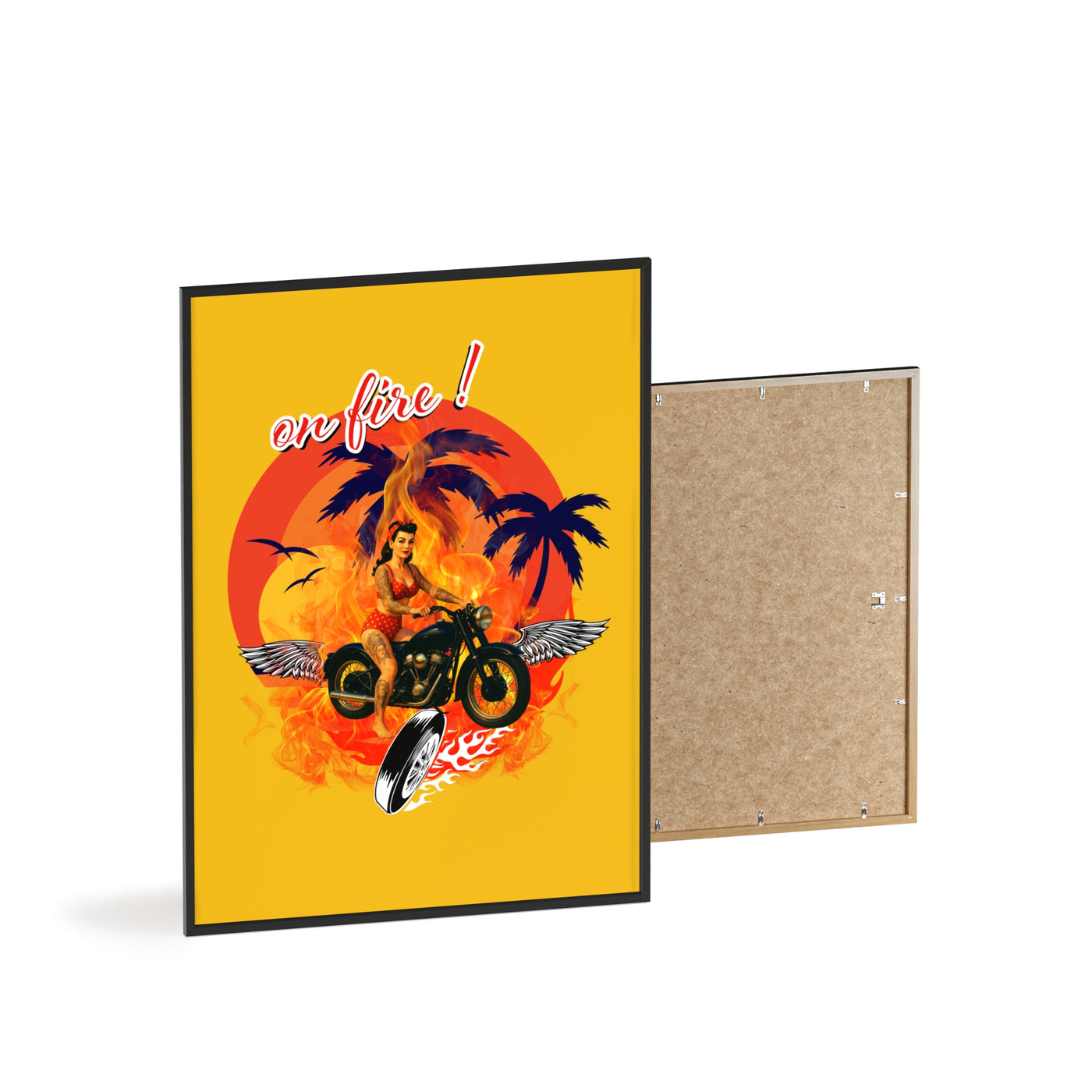 Vibrant Motorcycle Poster with Wooden Frame | Retro Wall Art for Bikers