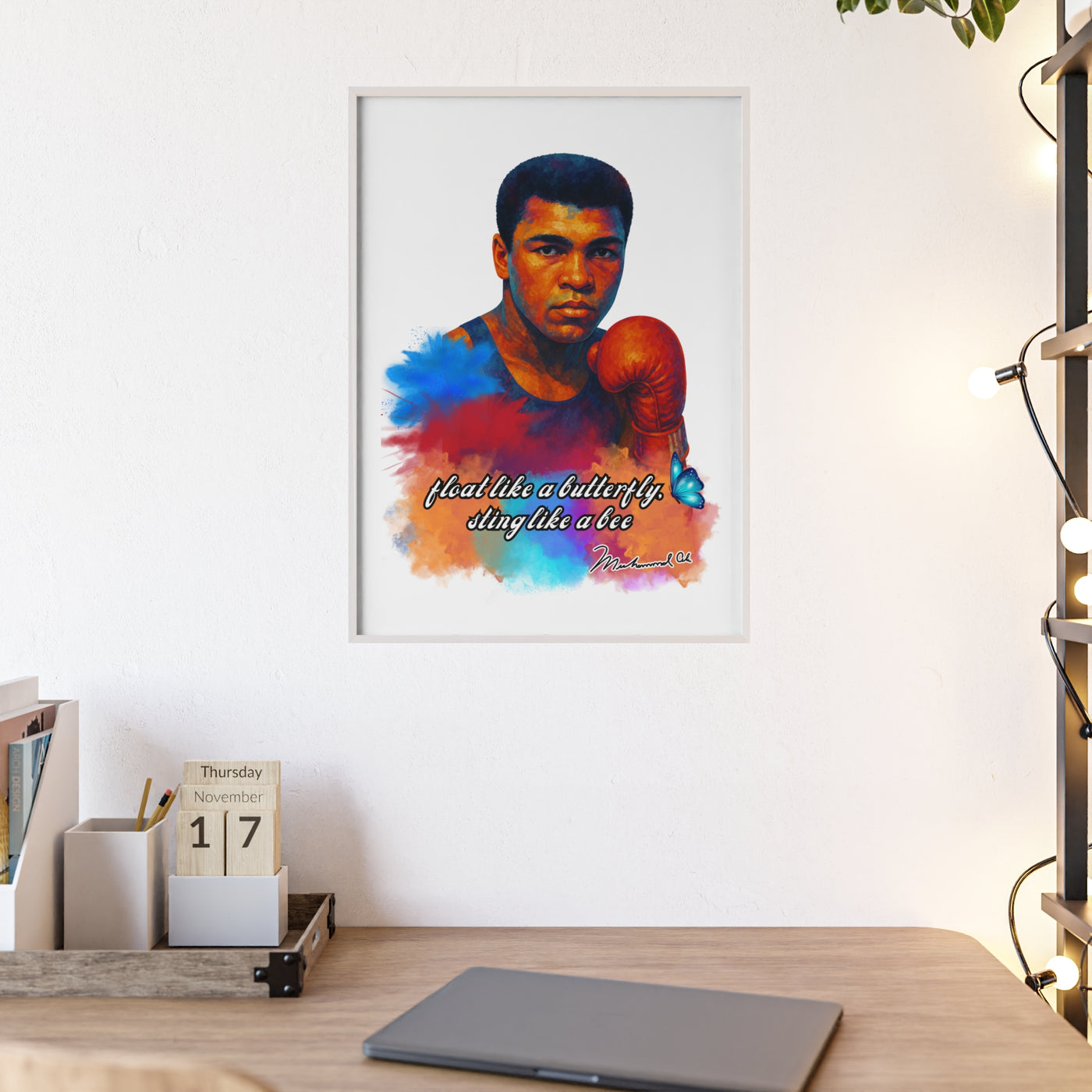 Inspirational Muhammad Ali Poster with Wooden Frame - Float Like a Butterfly, Sting Like a Bee