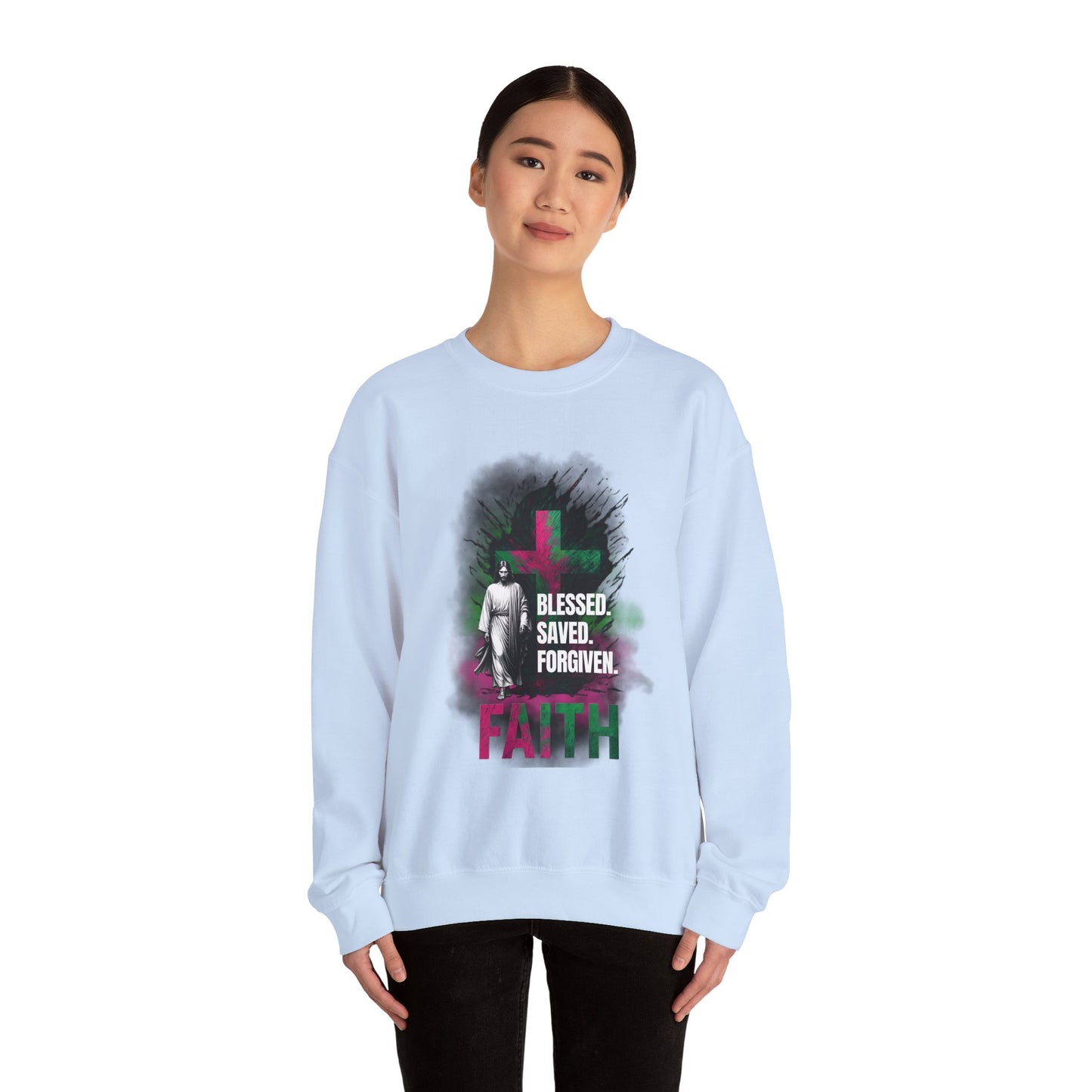 Jesus mit Faith und Spruch Blessed -Saved -Forgiven Sweatshirt