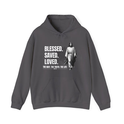 Blessed, Saved, Loved Hoodie - Unisex Heavy Blend Sweatshirt for Comfort and Faith Jesus