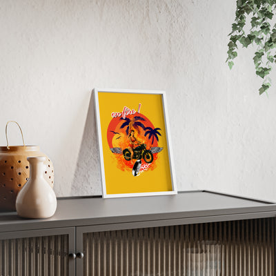 Vibrant Motorcycle Poster with Wooden Frame | Retro Wall Art for Bikers