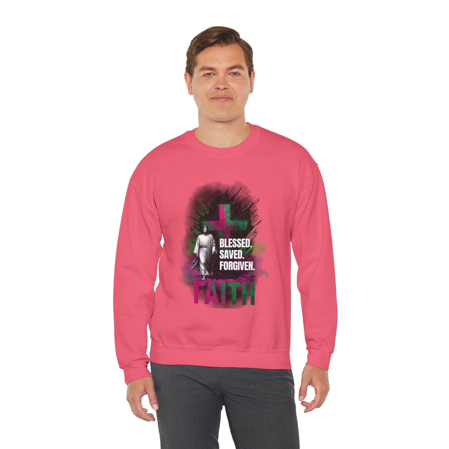 Jesus mit Faith und Spruch Blessed -Saved -Forgiven Sweatshirt