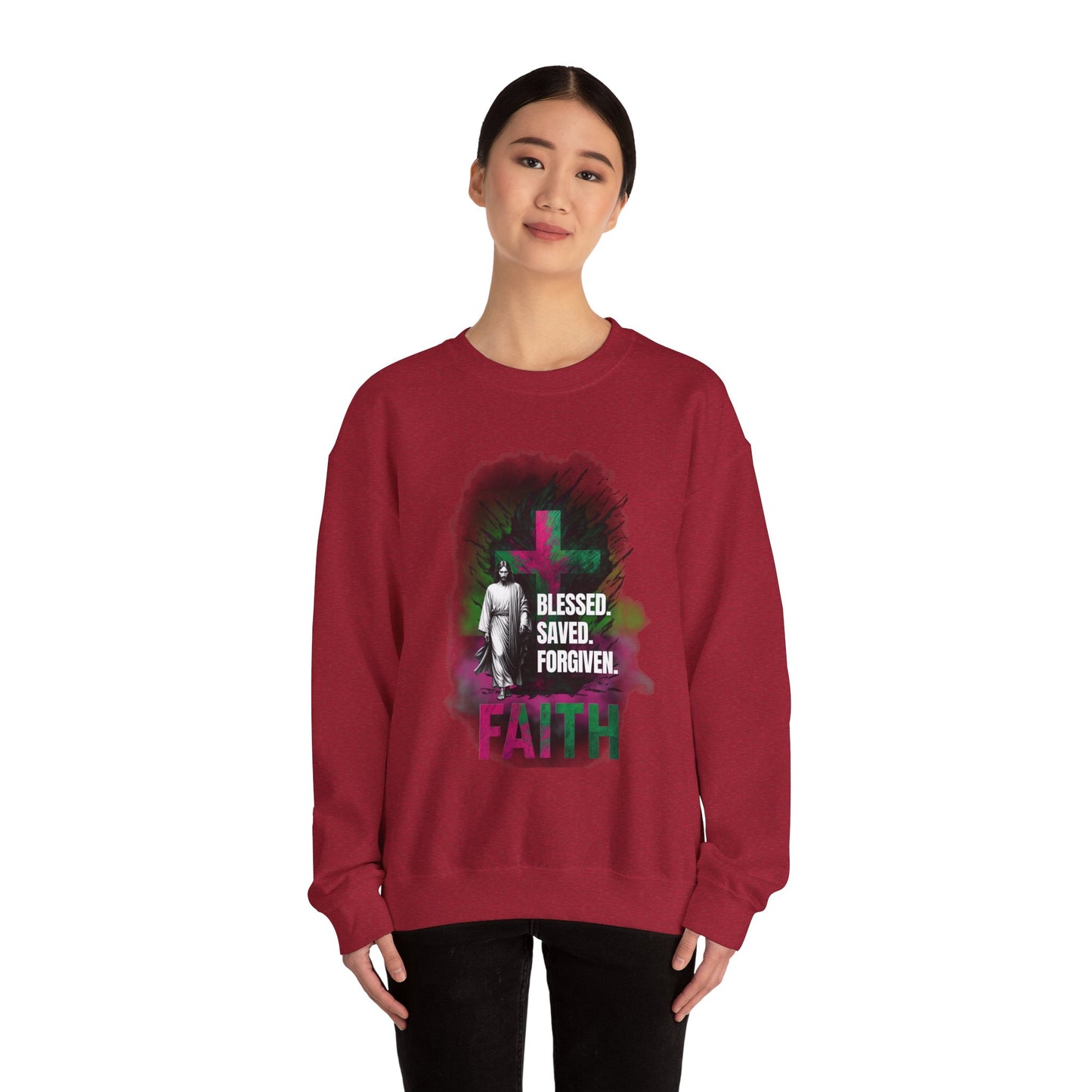 Jesus mit Faith und Spruch Blessed -Saved -Forgiven Sweatshirt