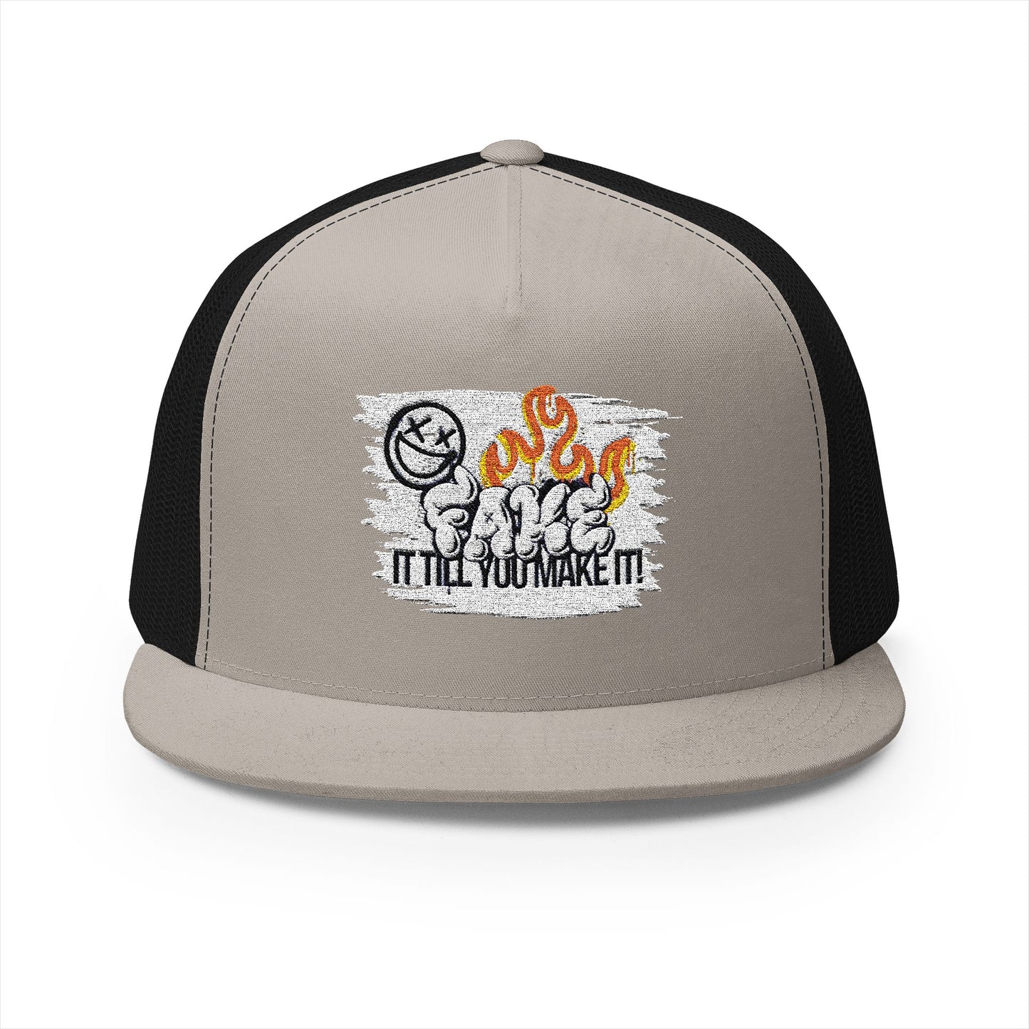 Embroidered 5 Panel Trucker Cap - Fake it til you make it