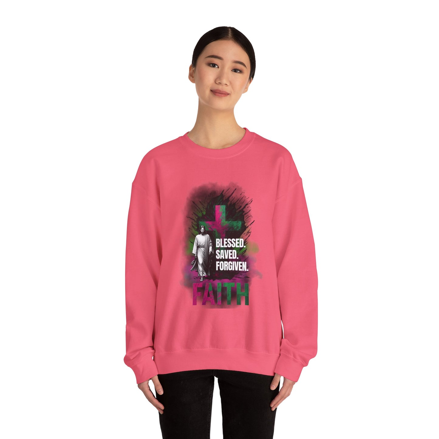 Jesus mit Faith und Spruch Blessed -Saved -Forgiven Sweatshirt