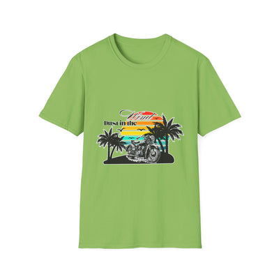 Dust in the Wind Unisex Jersey Tee – Retro Motorcycle & Palm Trees Design