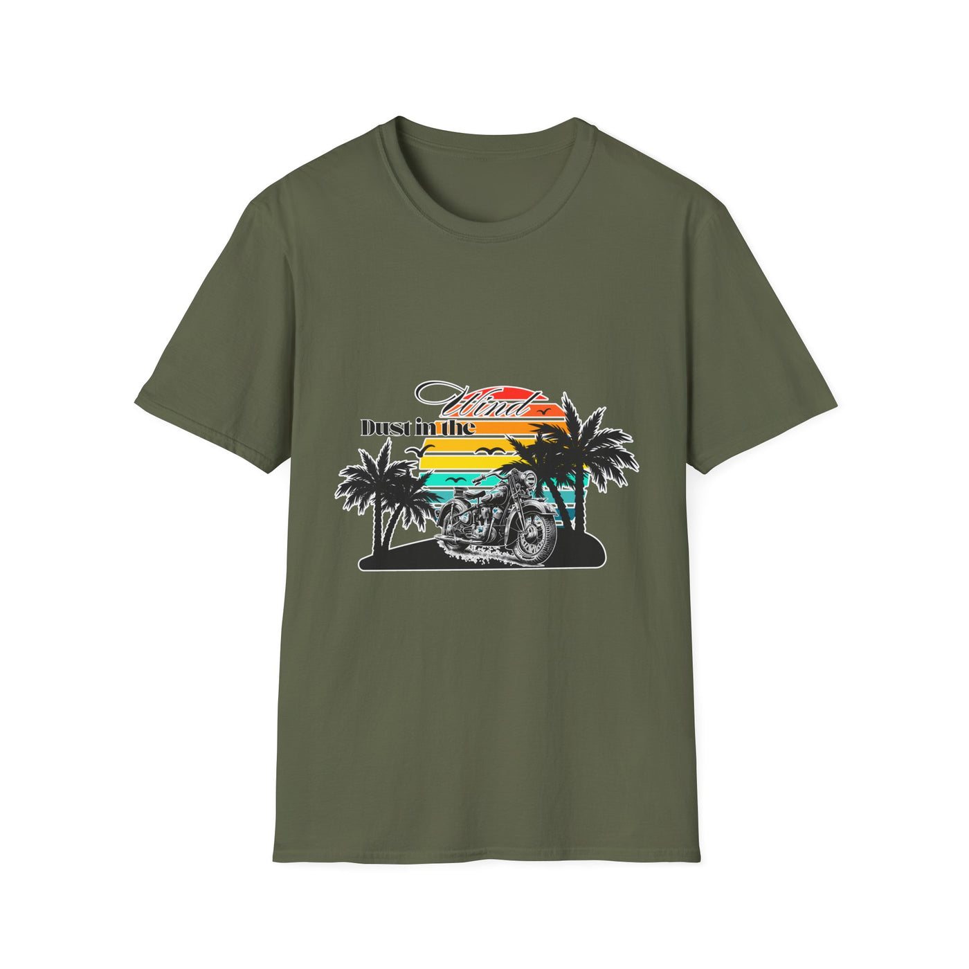 Dust in the Wind Unisex Jersey Tee – Retro Motorcycle & Palm Trees Design