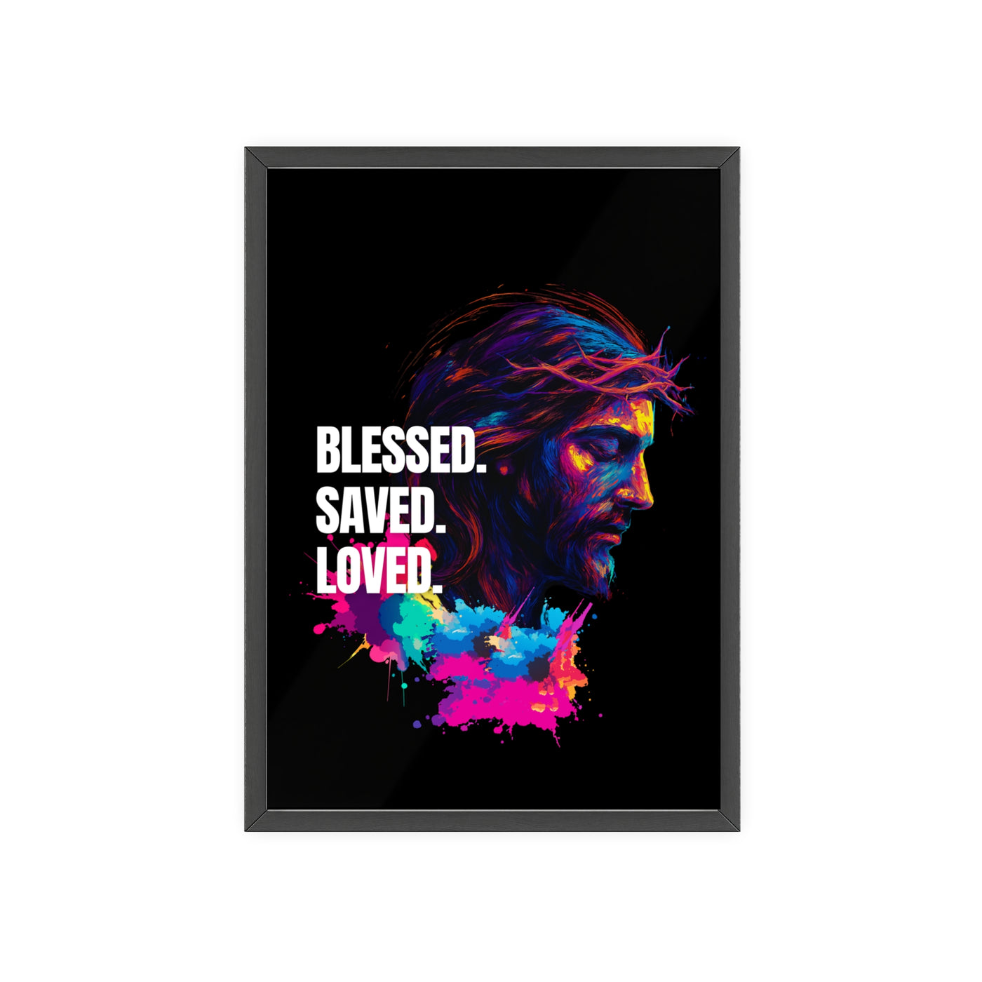 Inspirational Jesus Wall Art - 'Blessed, Saved, Loved' Poster with Wooden Frame 