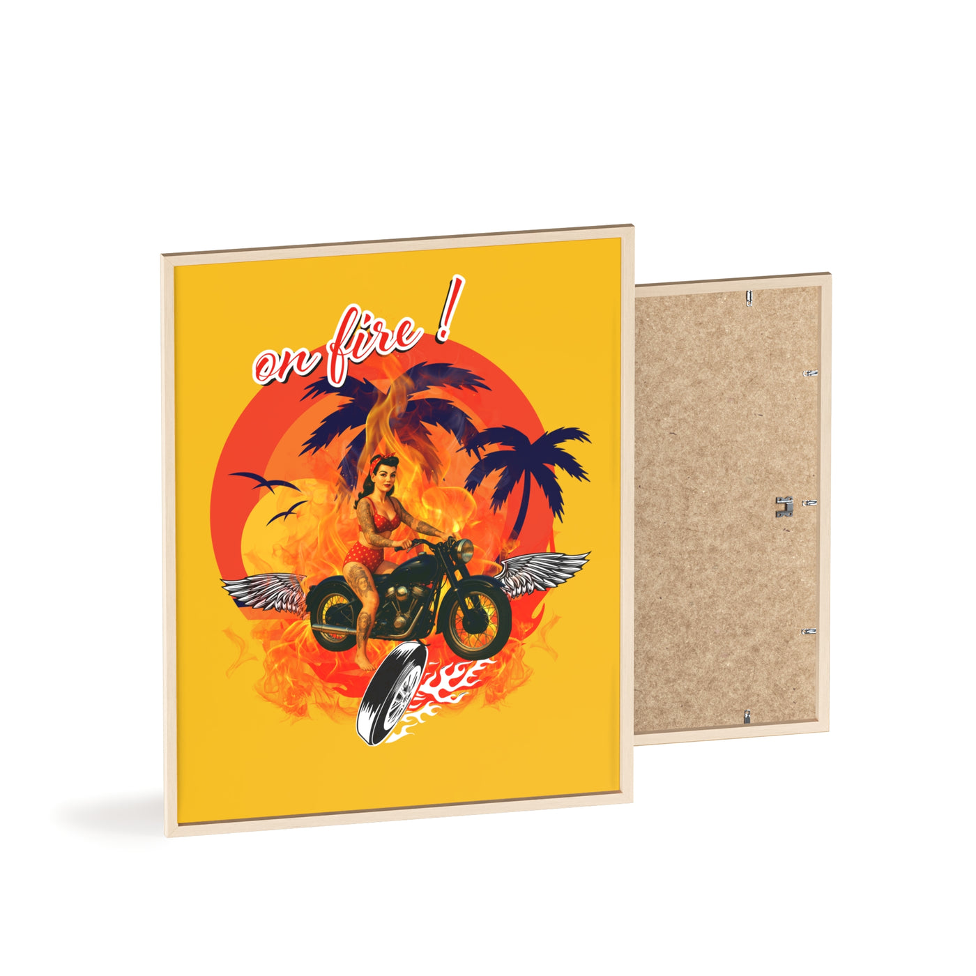 Vibrant Motorcycle Poster with Wooden Frame | Retro Wall Art for Bikers