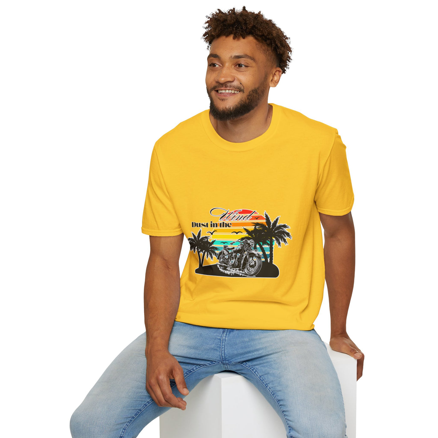 Dust in the Wind Unisex Jersey Tee – Retro Motorcycle & Palm Trees Design