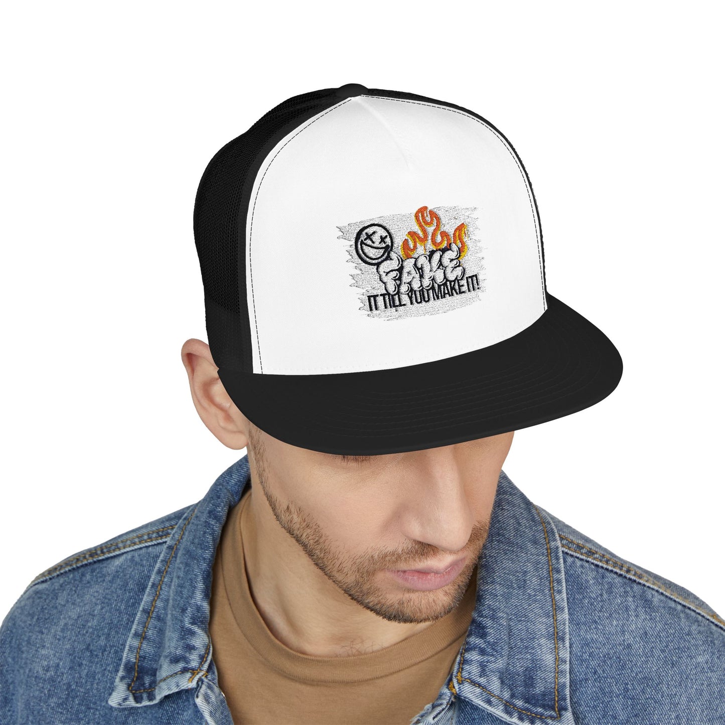 Embroidered 5 Panel Trucker Cap - Fake it til you make it