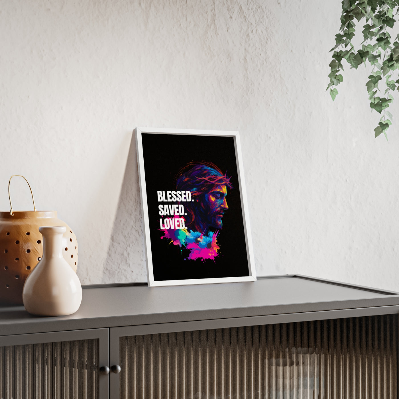Inspirational Jesus Wall Art - 'Blessed, Saved, Loved' Poster with Wooden Frame 