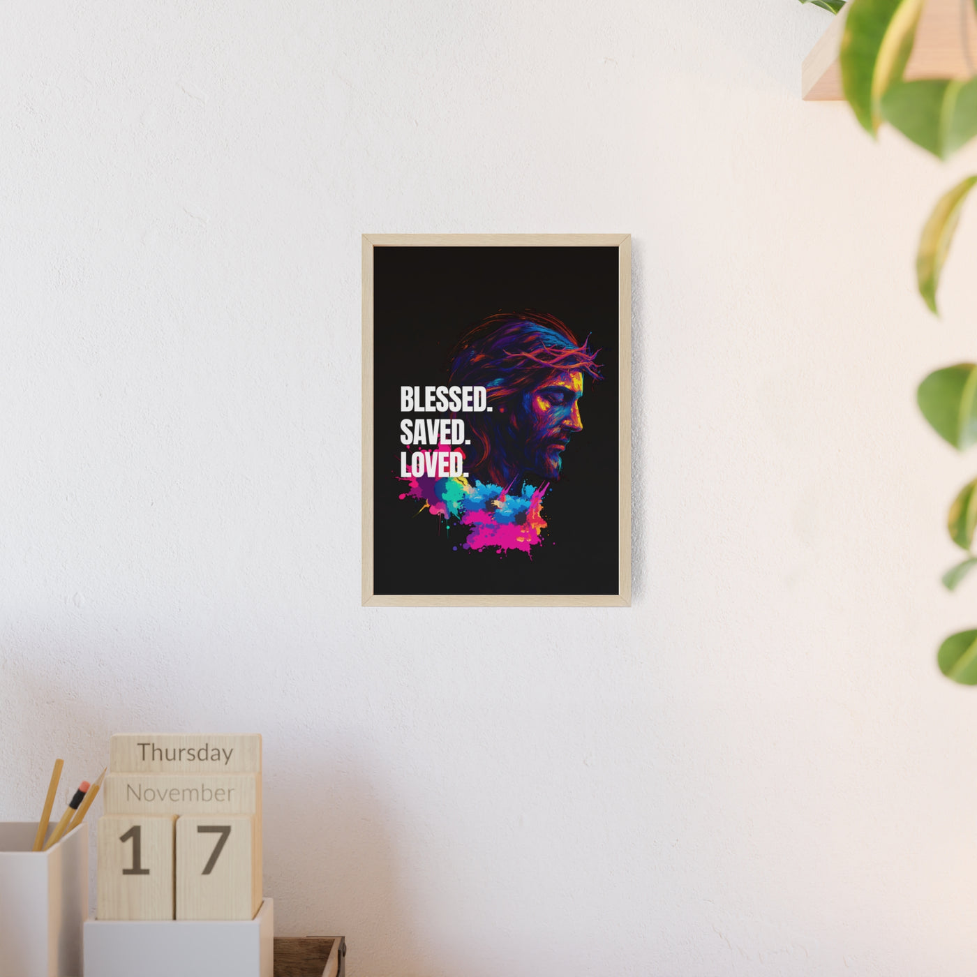 Inspirational Jesus Wall Art - 'Blessed, Saved, Loved' Poster with Wooden Frame 